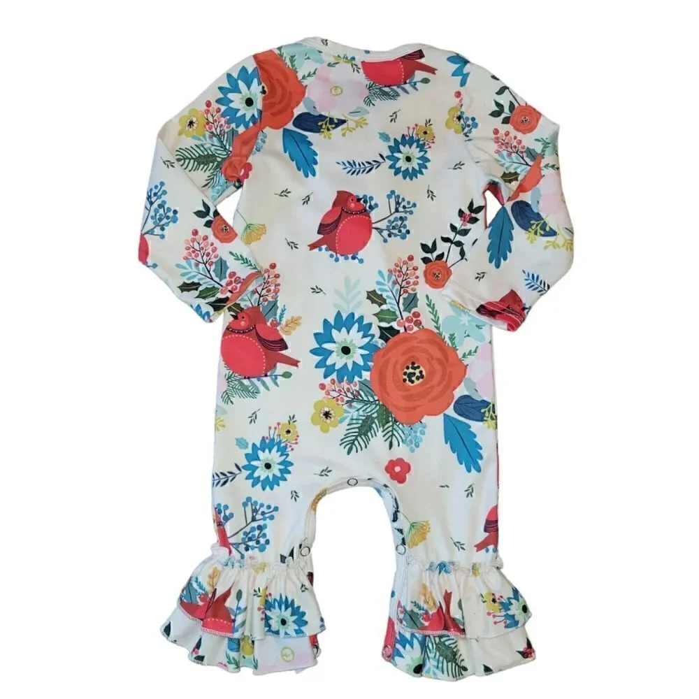 Jets+Jewels Red Bird Cardinal Floral Ruffle Front-Hem Long Onsie Holiday 3M